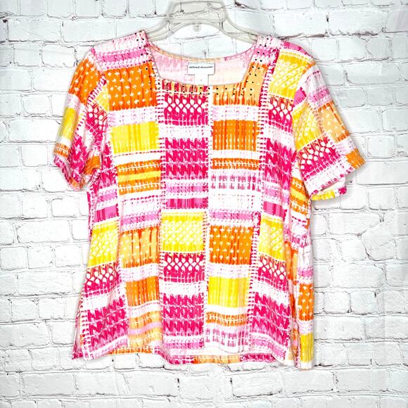 Alfred Dunner Wms Med Pink Orange Rectangle Print Square Neck Embellished Top - Picture 2 of 9